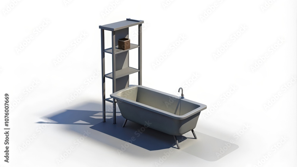 Bathtub with Four Legs and a Tall Shelf Unit Bathtub with Four Legs and a Tall Shelf Unit