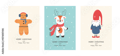 Set of Christmas and New Year cards with funny illustrations. Hand drawn