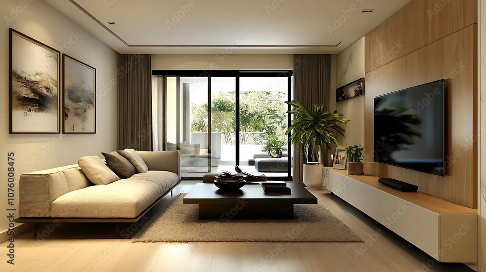 Fototapeta premium Modern Living Room with a View of Greenery