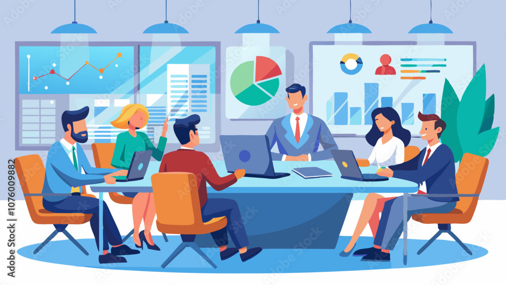 A group of people are sitting around a table in a conference room A group of people are sitting around a table in a conference room