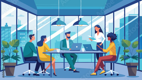 A group of people are sitting around a table in a conference room