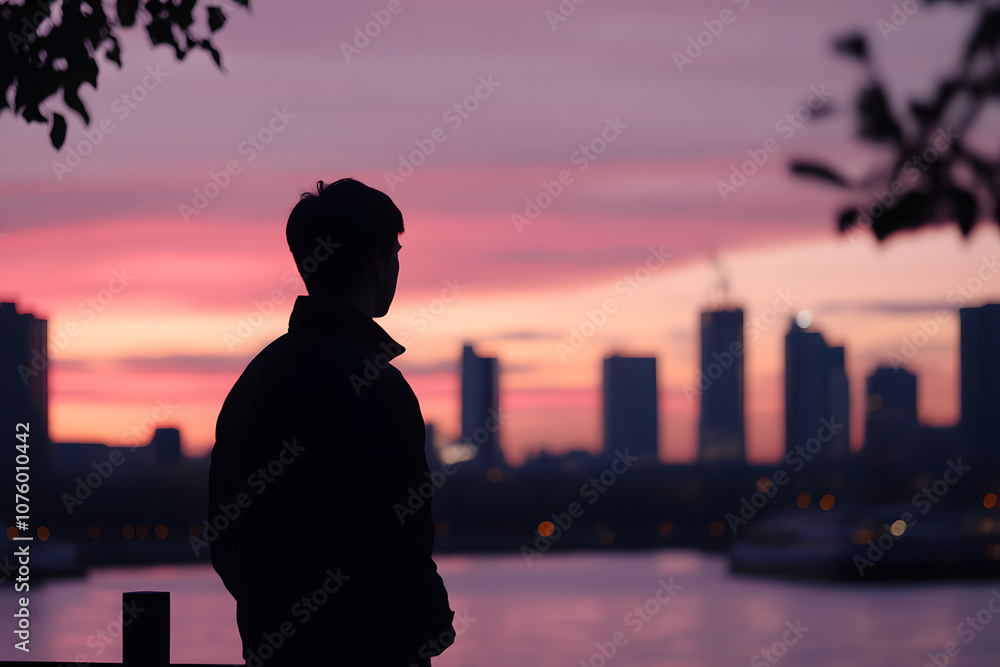 Fototapeta premium Transcendent Pink Sunset: A Serene Cityscape with Silhouetted Figure at Dusk