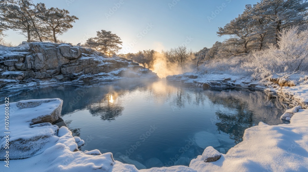 Fototapeta premium A Frozen Pond Surrounded by Snowy Trees and Rocks in the Golden Hour