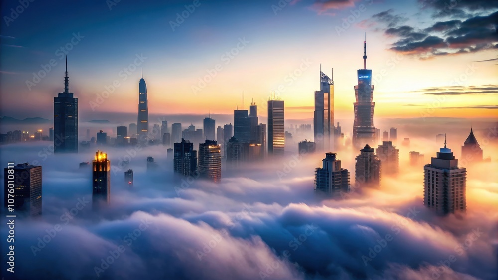 Obraz premium Foggy cityscape with a mysterious atmosphere before dawn , fog, city, urban, skyline, buildings, morning, mysterious, eerie