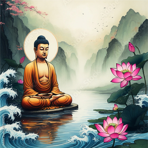 Meditating Buddha in a lush...