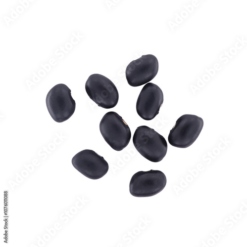 Black beans isolated on white background. Close-up top view (Urad beans, Black beans, Mung beans). Dried vegetable seeds.