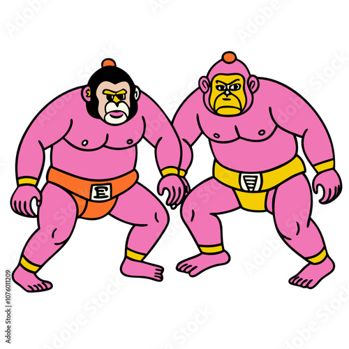 Pink Sumo Monkeys:  Two pink monkeys engage in a fierce sumo wrestling match, their determined expressions and  powerful stances capture the intensity of the sport.  