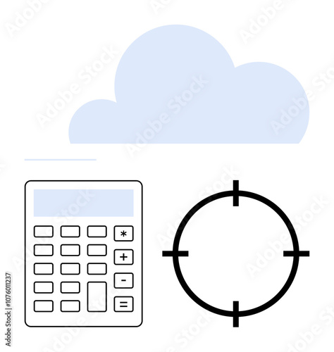 Cloud hovering above a calculator and a crosshair target, signifying digital optimization. Ideal for cloud computing, data accuracy, technology, business strategy, digital marketing, innovation, IT