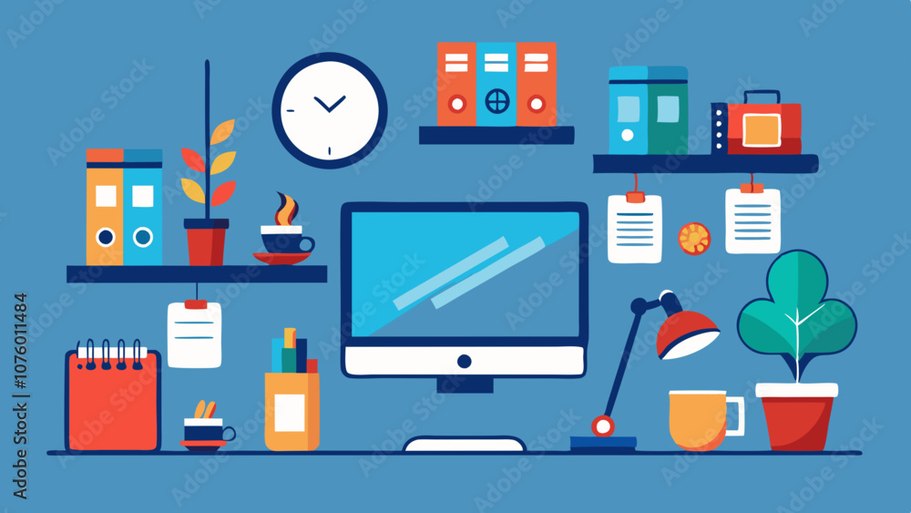 A desk with a computer monitor, a clock, a cup, a potted plant, and a bookcase A desk with a computer monitor, a clock, a cup, a potted plant, and a bookcase