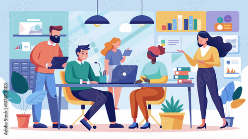 A group of people are working together in a room