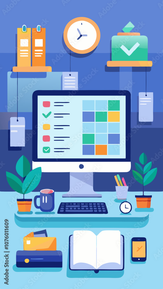 A computer monitor sits on a desk with a clock, a book, a cup, a keyboard A computer monitor sits on a desk with a clock, a book, a cup, a keyboard