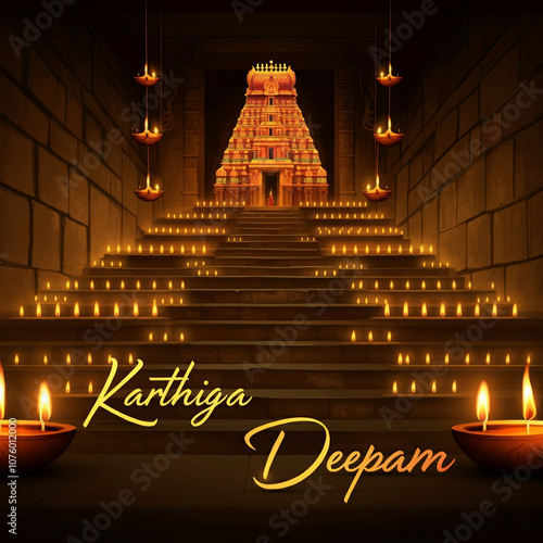 Illuminated temple steps wi...