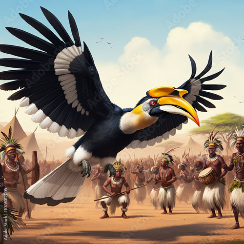 Majestic hornbill bird flyi...