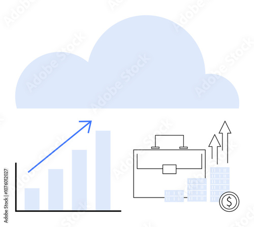 Growth chart with an upward arrow, cloud storage, briefcase, and stacks of coins and arrows to depict financial growth. Ideal for business, cloud computing, finance, data analysis, investment