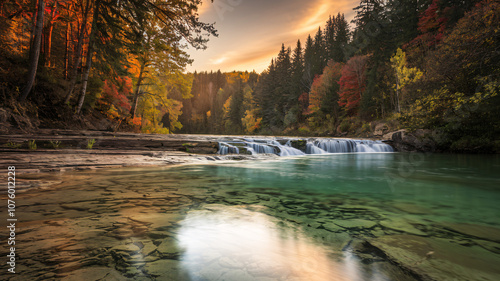Autumn Waterfall with Emerald Pool and Fall Foliage at Sunset