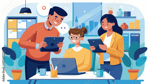 A group of people are working together in a cubicle