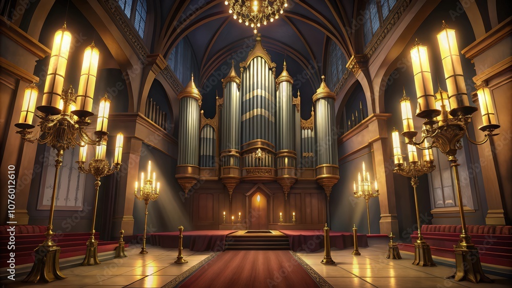 Fototapeta premium Ornate Church Interior with Pipe Organ and Candelabras