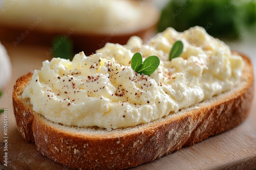 A slice of bread topped with a smooth, creamy cheese spread, perfect for a simple and delicious snack or appetizer.. A slice of bread topped with a smooth, creamy cheese spread, perfect for a simple and delicious snack or appetizer..