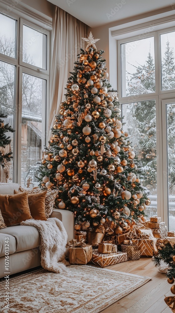A cozy living room decorated for the holidays, featuring a large Christmas tree with gold and bronze ornaments and warm, glowing lights.. A cozy living room decorated for the holidays, featuring a large Christmas tree with gold and bronze ornaments and warm, glowing lights..