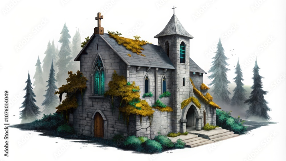 A Stone Church Overgrown with Vines in a Foggy Forest A Stone Church Overgrown with Vines in a Foggy Forest