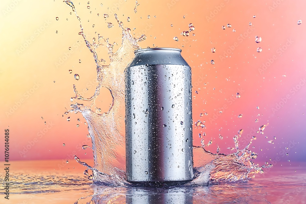 can with drops and aqua splash with scattering splashes on blue background. 3d rendered illustration. can with drops and aqua splash with scattering splashes on blue background. 3d rendered illustration.
