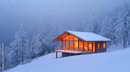 Illuminated Cabin in a Snowy Winter Forest