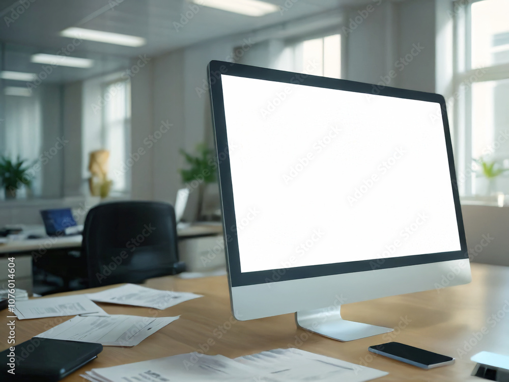 Modern Office Desk with Blank Computer Screen and Paperwork Modern Office Desk with Blank Computer Screen and Paperwork