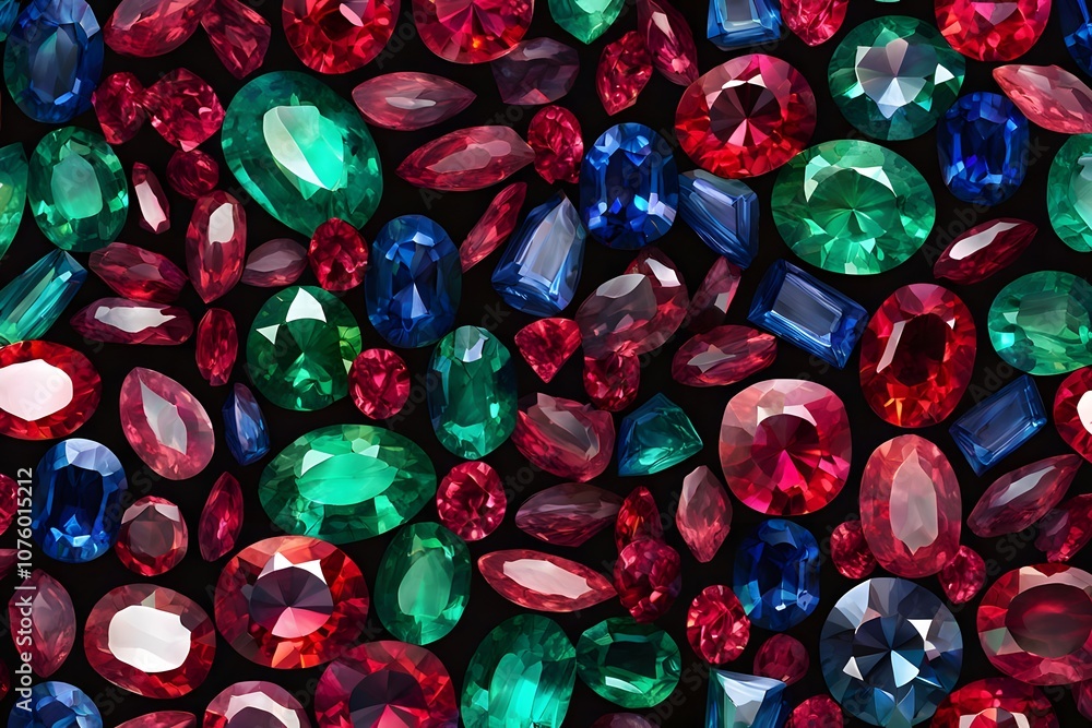 Abstract pattern of colorful sapphires emeralds and rubies glowing with internal light, Ai Generated Abstract pattern of colorful sapphires emeralds and rubies glowing with internal light, Ai Generated