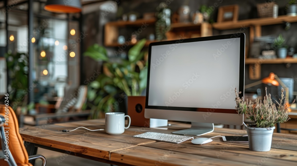 A Mockup of a blank computer screen sitting, front view, on a wooden table, modern office, coffee mug beside. A Mockup of a blank computer screen sitting, front view, on a wooden table, modern office, coffee mug beside.