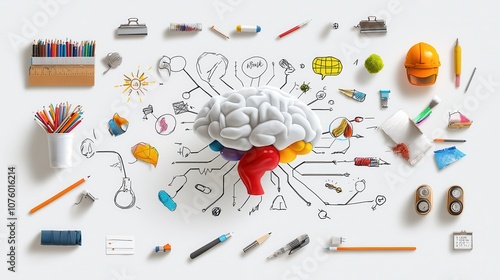 Creative Brainstorming Concept with 3D Brain Model Surrounded by Colorful Tools and Illustrations on White Background for Innovation and Idea Generation
