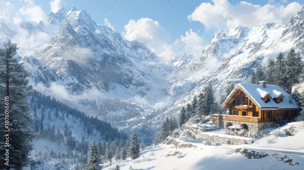 Fototapeta premium A Wooden Cabin Nestled Amidst Snowy Mountain Peaks