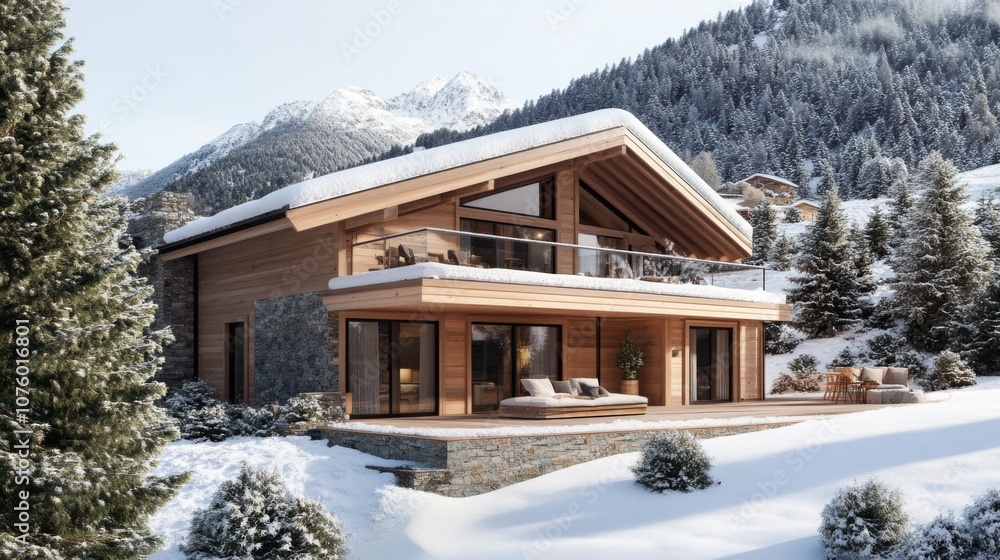 Modern Wooden Chalet with Snow-Covered Roof in a Snowy Mountain Landscape Modern Wooden Chalet with Snow-Covered Roof in a Snowy Mountain Landscape