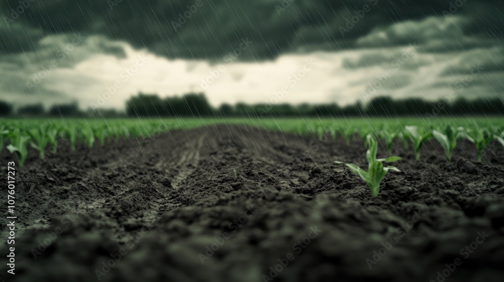 Young Sprout Emerging in Rainy Field Young Sprout Emerging in Rainy Field
