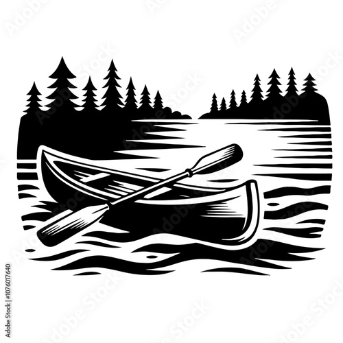 Canoe on a calm lake with pine trees Vector Logo