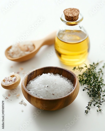 Herbs, oil, and salt for culinary creations. photo