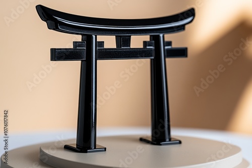 Simple silhouette of a Japanese torii gate with clean lines, set against a neutral background