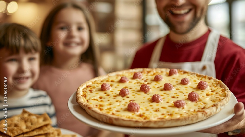 Happy family waiting to enjoy a pizza with raspberries on top. Happy family waiting to enjoy a pizza with raspberries on top.