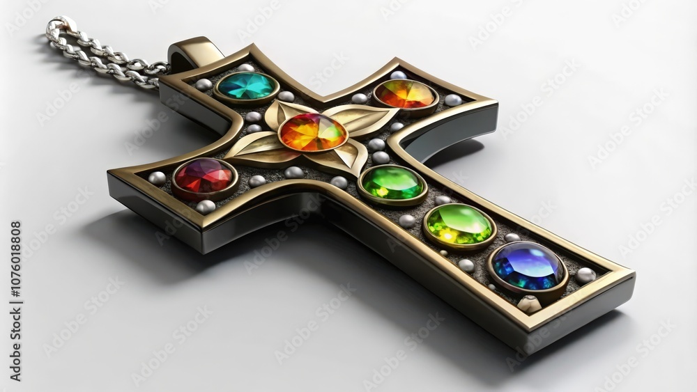 Ornate Cross Pendant with Gemstones and Chain Ornate Cross Pendant with Gemstones and Chain