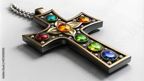 Ornate Cross Pendant with Gemstones and Chain