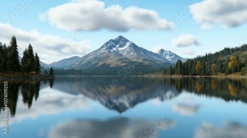 A serene mountain lake with snow-capped peak reflected in the calm water.