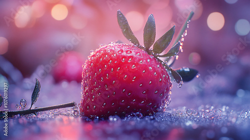 closeup of a red strawberry covered in dew drops on a pink and purple background