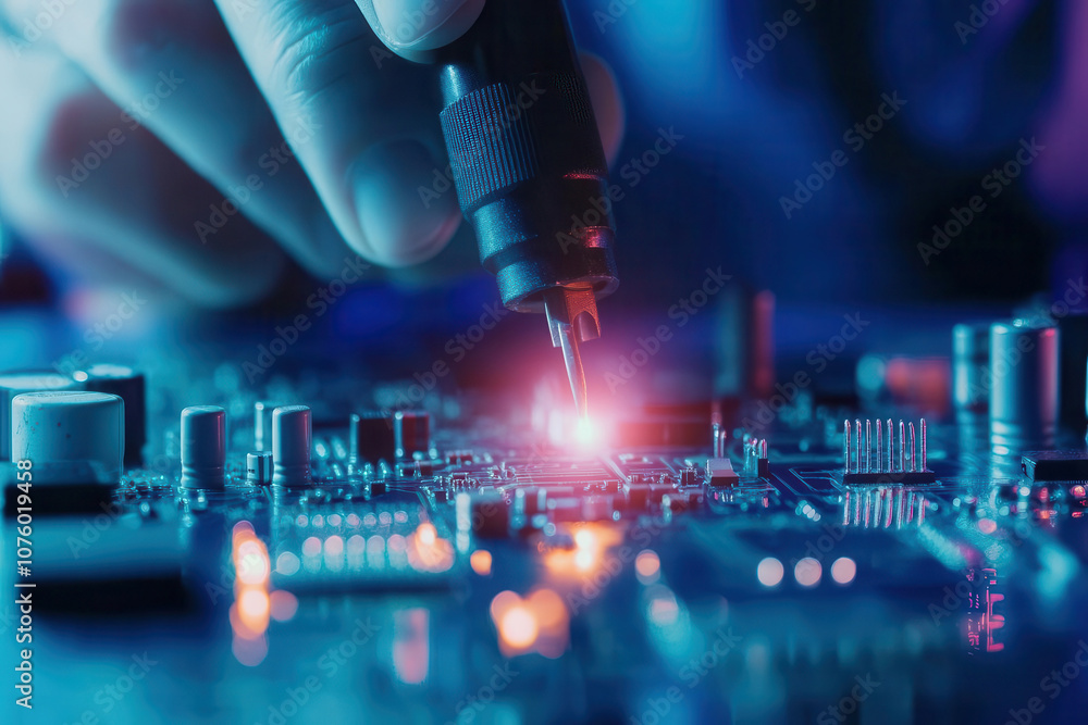 Engineer testing electronic circuit boards with precision tools, electronics quality control, component verification Engineer testing electronic circuit boards with precision tools, electronics quality control, component verification