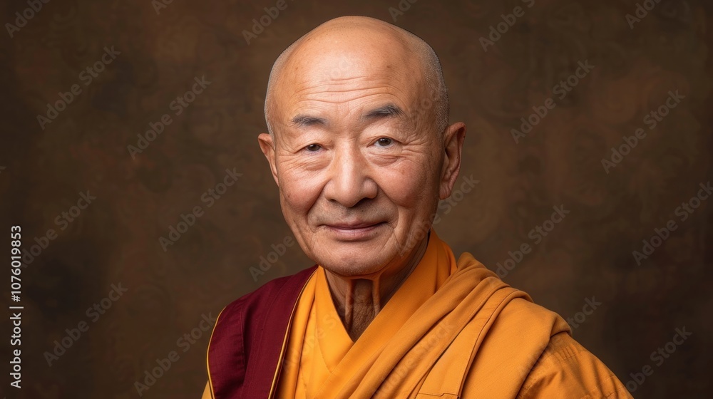 A serene Buddhist monk dressed in an orange robe reflects a calm and meditative expression in natural light. Generative AI A serene Buddhist monk dressed in an orange robe reflects a calm and meditative expression in natural light. Generative AI