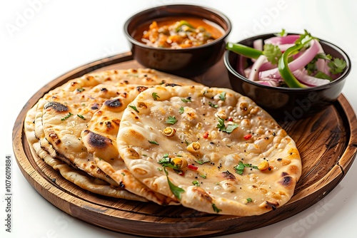 Board and plate of tasty Obbattu with on white background. photo