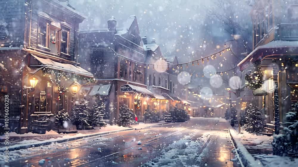 Snow-covered street scene with festive lighting and warm ambiance Seamless looping 4k time-lapse animation video background Snow-covered street scene with festive lighting and warm ambiance Seamless looping 4k time-lapse animation video background