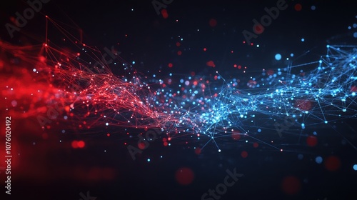 Abstract Digital Background Featuring Flowing Red and Blue Particle Connections with Glow Effects, Perfect for Technology and Science Concepts