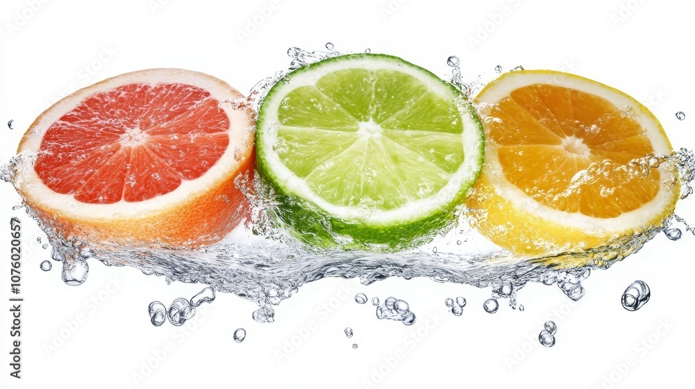 Citrus Fruit Splash Grapefruit Lime Orange Slices in Water Citrus Fruit Splash Grapefruit Lime Orange Slices in Water