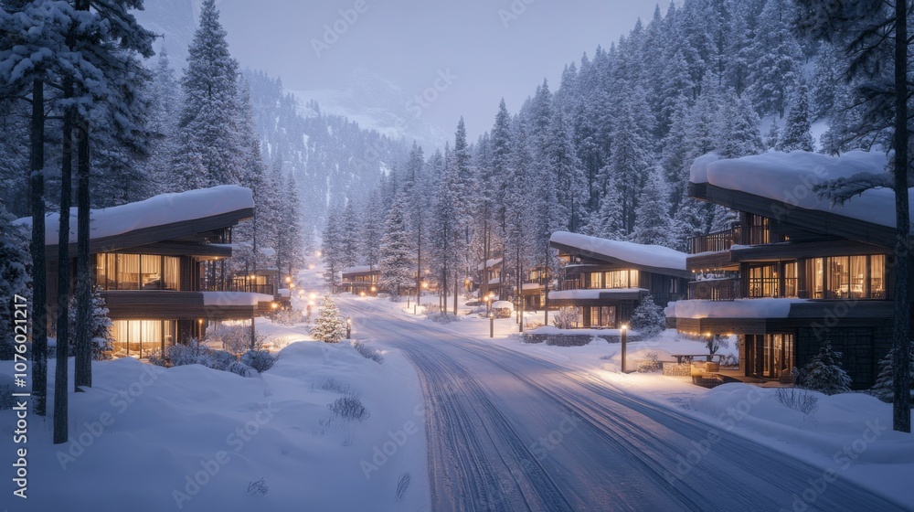 Snowy Forest Road Leading to Illuminated Cabins Snowy Forest Road Leading to Illuminated Cabins