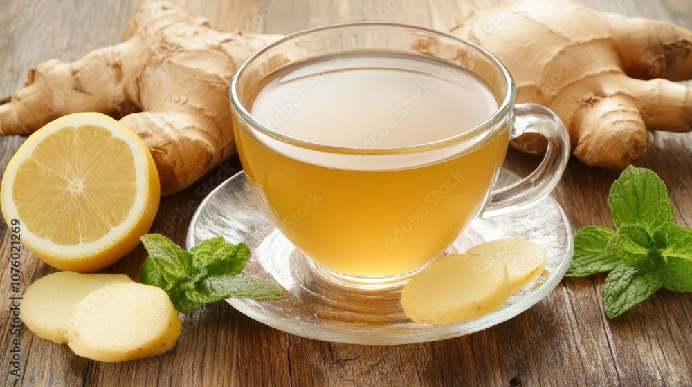 Ginger Lemon Tea with Mint Leaves on Wooden Background Ginger Lemon Tea with Mint Leaves on Wooden Background