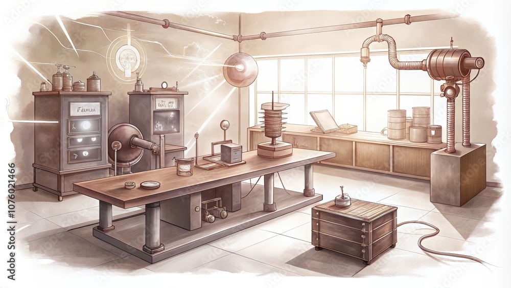 Fototapeta premium Steampunk Laboratory with Various Scientific Instruments and Devices